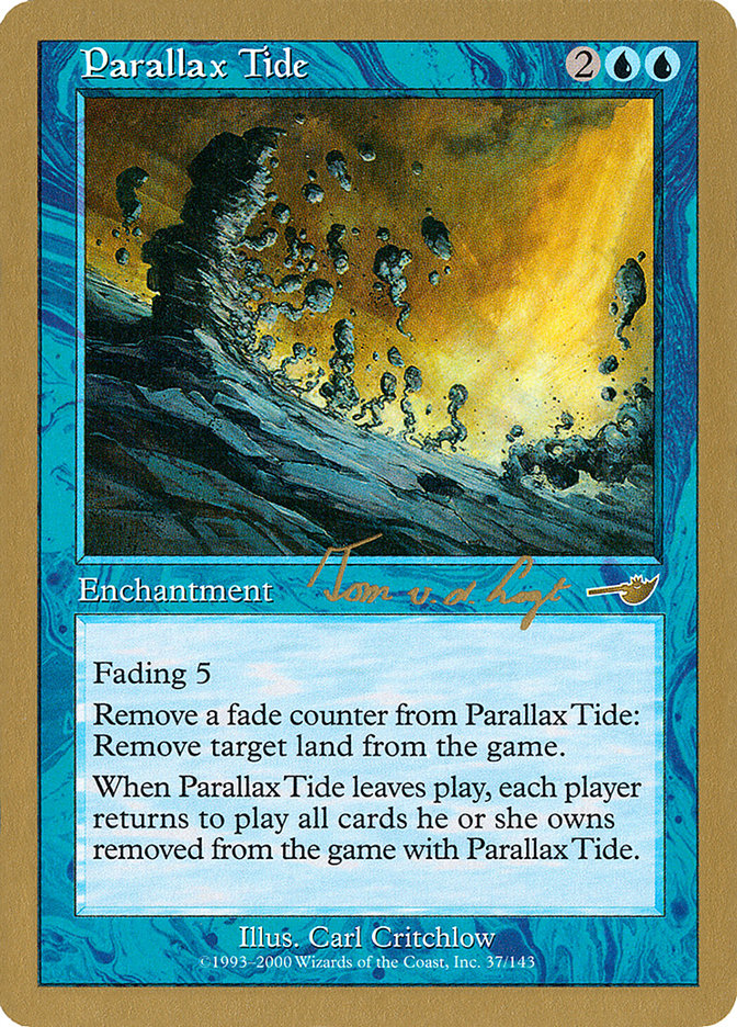 Parallax Tide
 Fading 5 (This enchantment enters the battlefield with five fade counters on it. At the beginning of your upkeep, remove a fade counter from it. If you can't, sacrifice it.)
Remove a fade counter from Parallax Tide: Exile target land.
When Parallax Tide leaves the battlefield, each player returns to the battlefield all cards they own exiled with Parallax Tide.